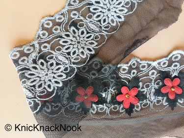 Black Net Lace Embroidered Trim With Grey, Black And Red Floral Design, Approx. 11cm Wide - 200317L139